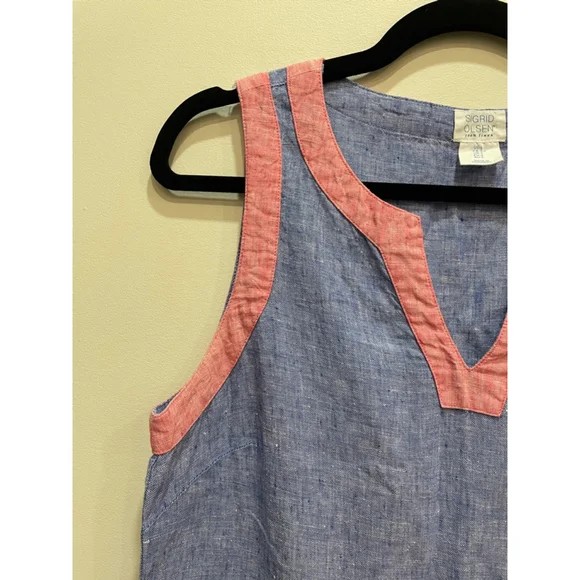 Sigrid Olsen Chambray Linen Dress S Blue Sleeveless V-neck Coastal Preppy - Picture 3 of 6
